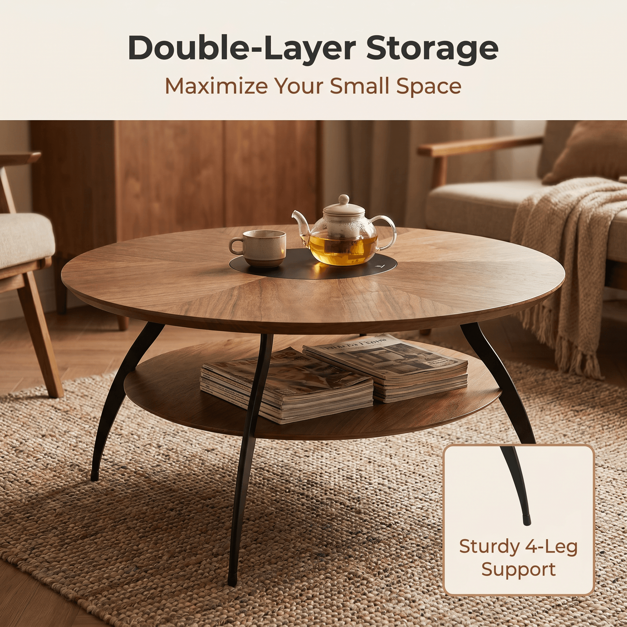 3.54-inch round coffee table with an inlaid glass top and carbon steel legs; walnut top and base