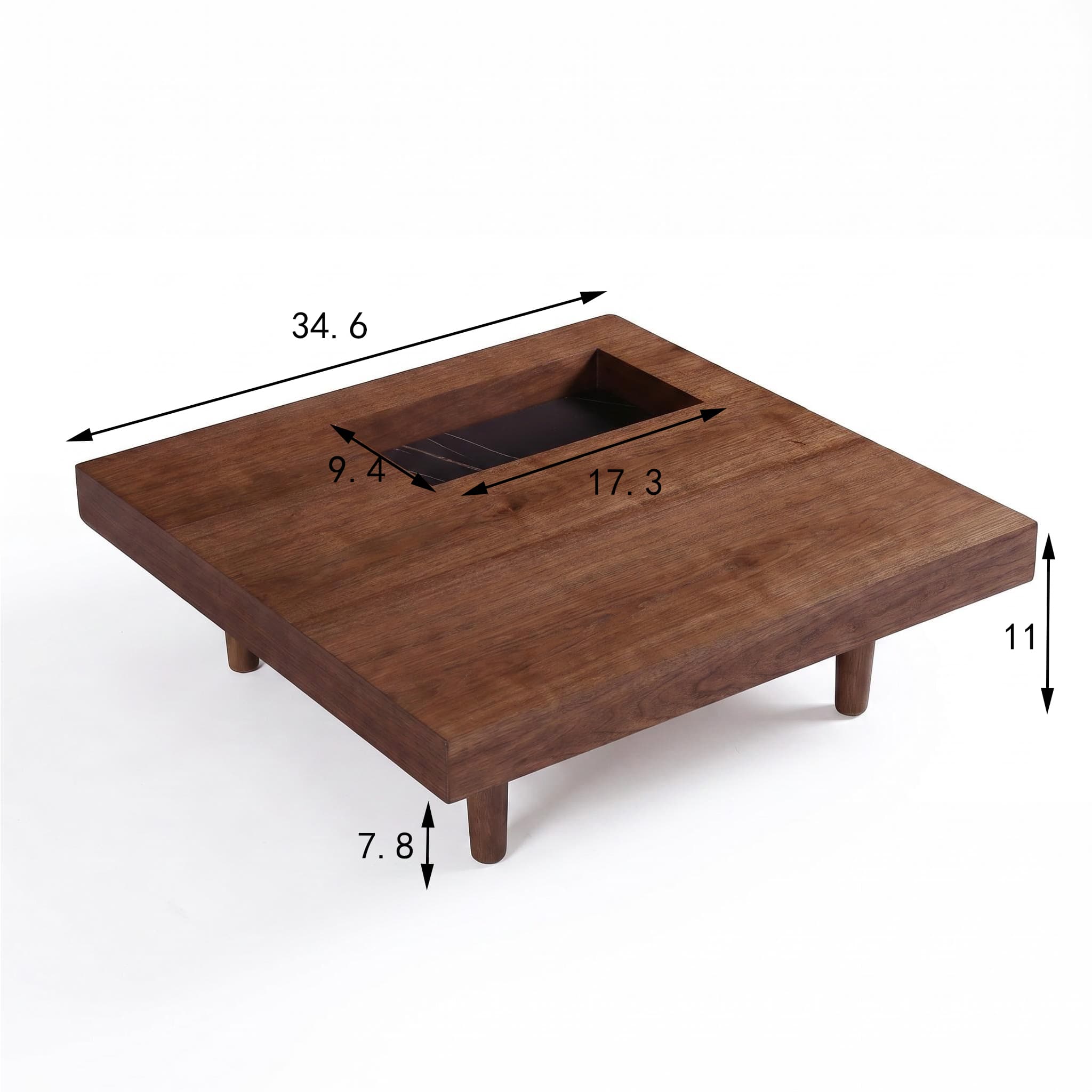Square wooden coffee table, 34.5 inches, with storage; walnut coffee table suitable for the living room, bedroom or office